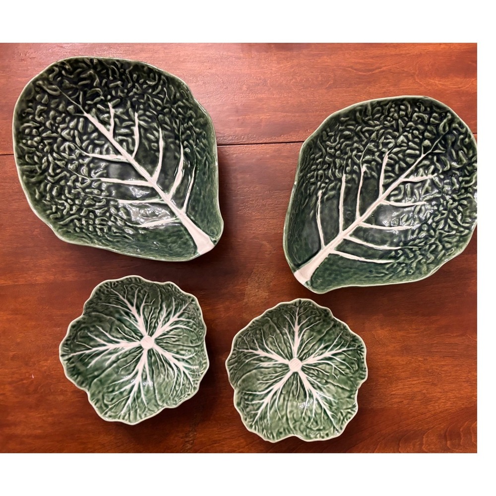 Bordallo Pinheiro Cabbage Leaf Serving Bowls 4 Piece‎ Set Green Ceramic Portugal